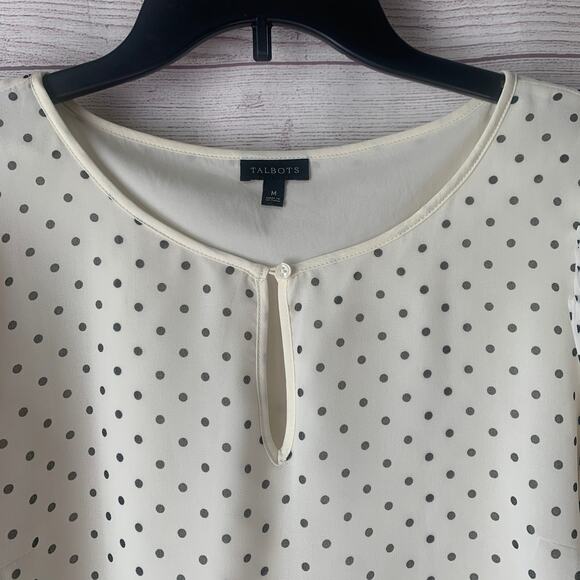 Talbots Off-White with Black Polka Dot Blouse Front Keyhole Ruffle Cuffs Size M - Picture 9 of 11